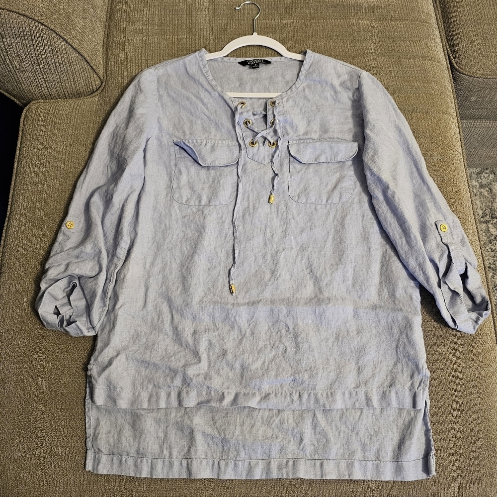 Ellen Tracy Company Linen Light Blue Coastal Natural Tunic Top Size Small